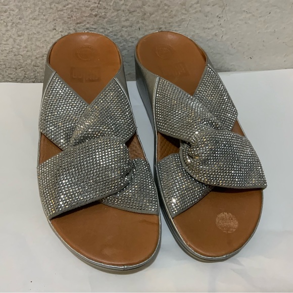 Fitflops TWISS Gold Rhinestone Bling Glitter Brown Leather Twist Platform Slid - Picture 2 of 9